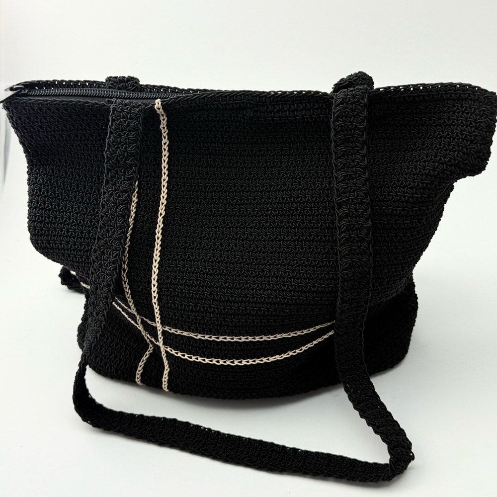 Chateau Black Crochet Shoulder Tote Bag with Cream Trim Boho Style